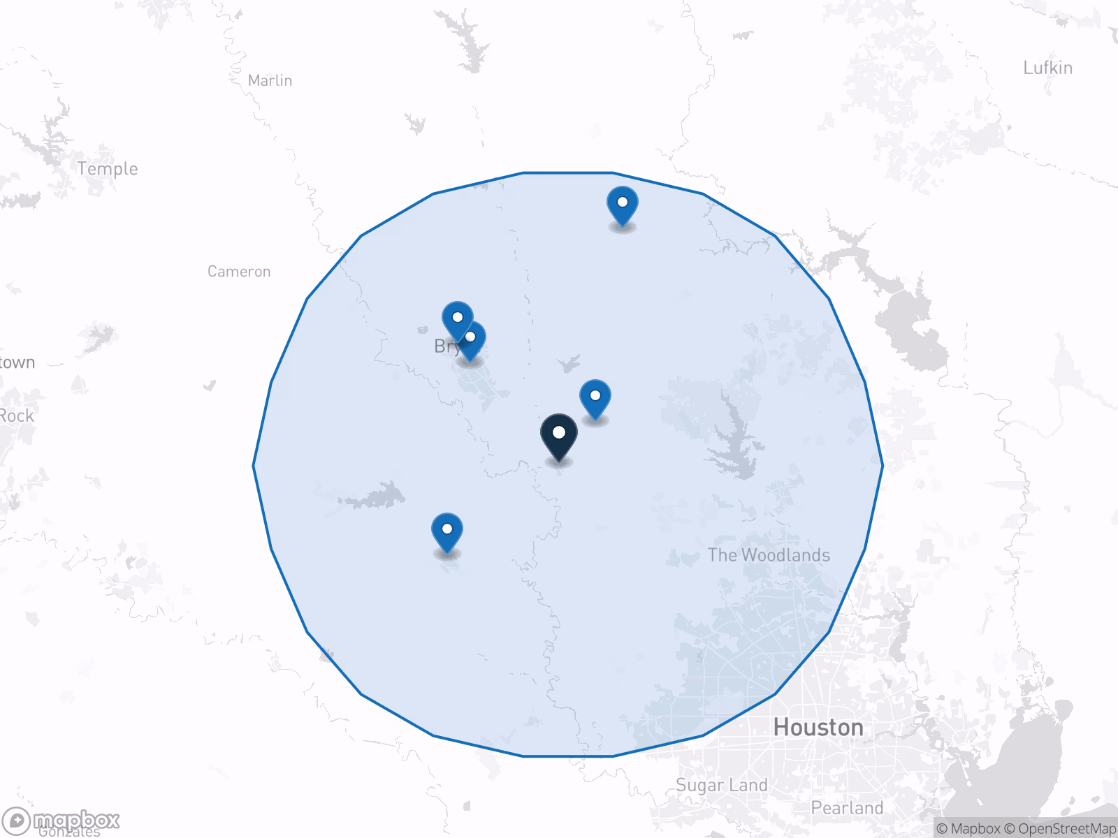 Orthodox Electric service area map showing 50 mile radius around Navasota Texas